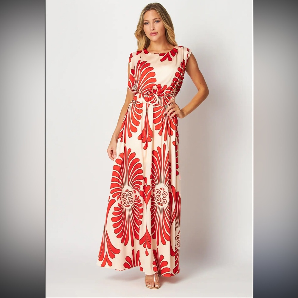 Elegant Red and Cream Maxi Dress